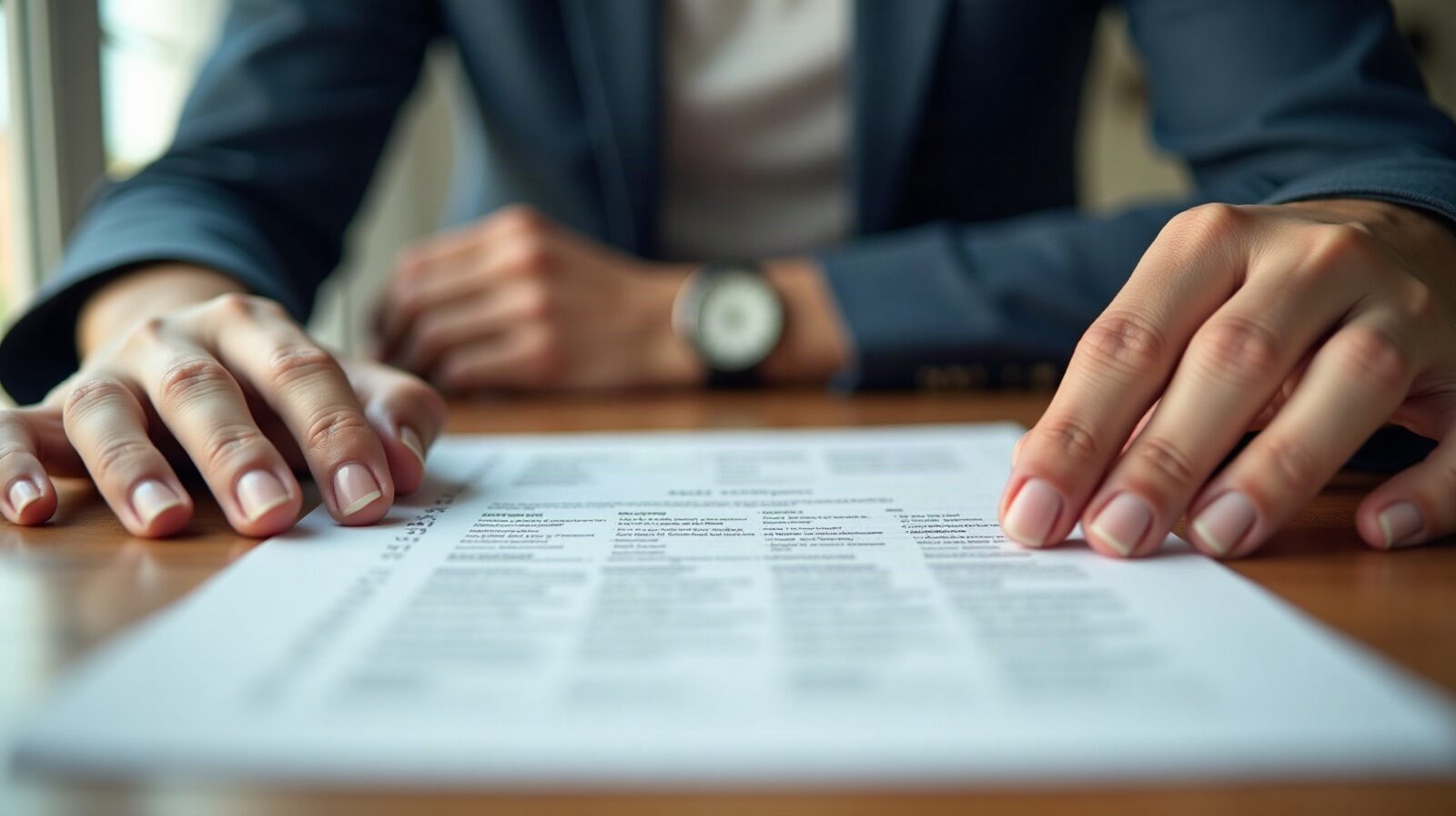 Deux mains posant un avis de réception de lettre recommandée sur un sous-main, sans visage visible