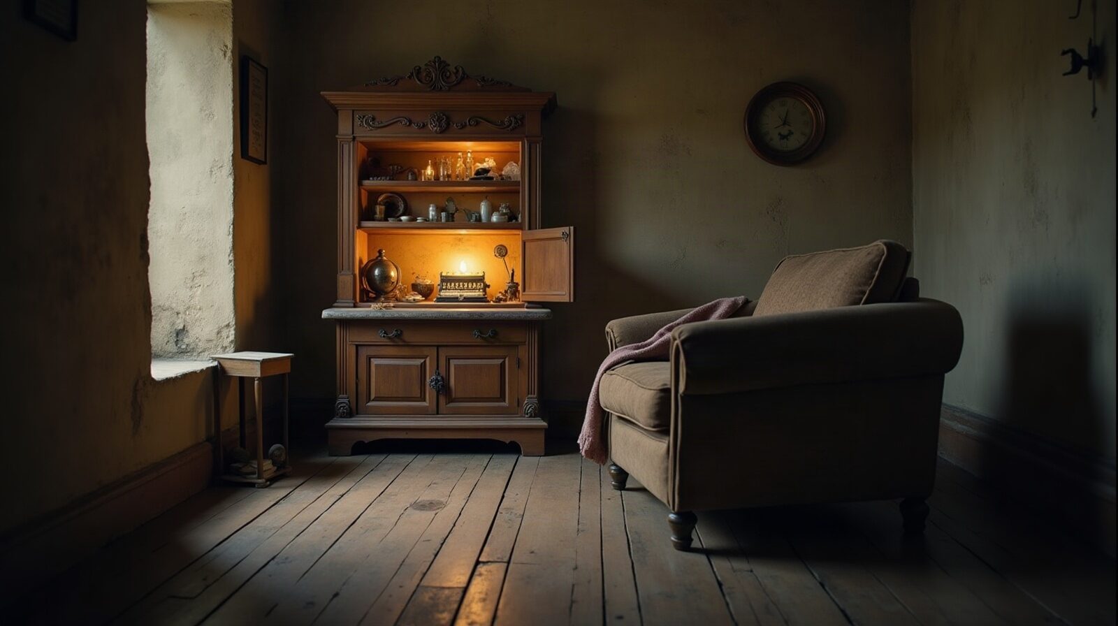 Tableau electrique ancien ouvert, rangee de disjoncteurs et fils apparents dans un couloir