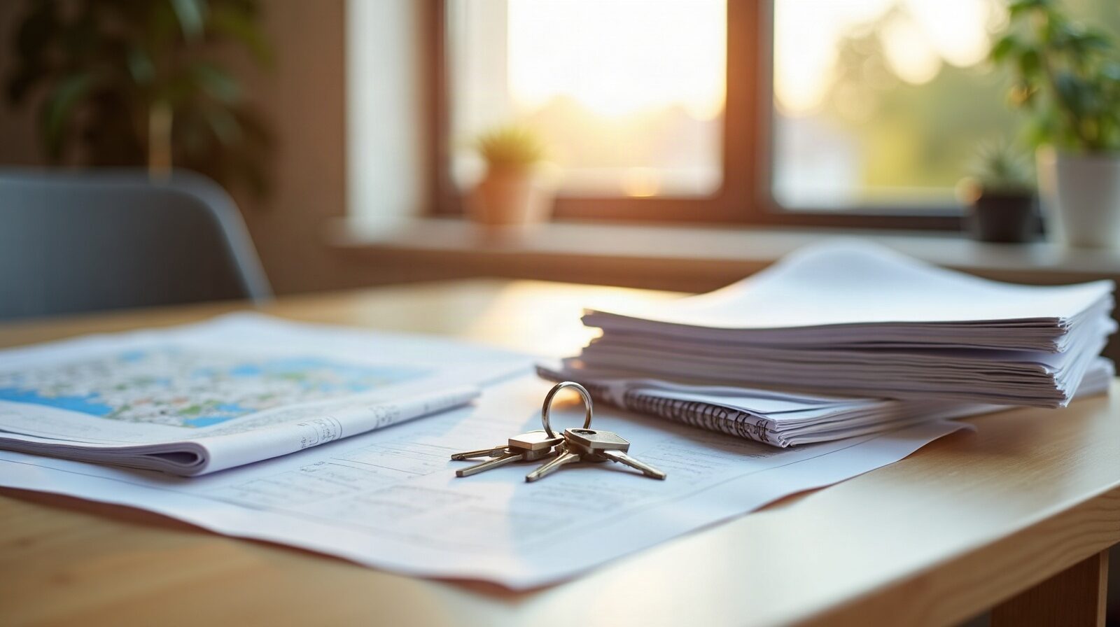 Rapports de diagnostic reliés sur une table en bois, à côté de clés et d'un plan de maison