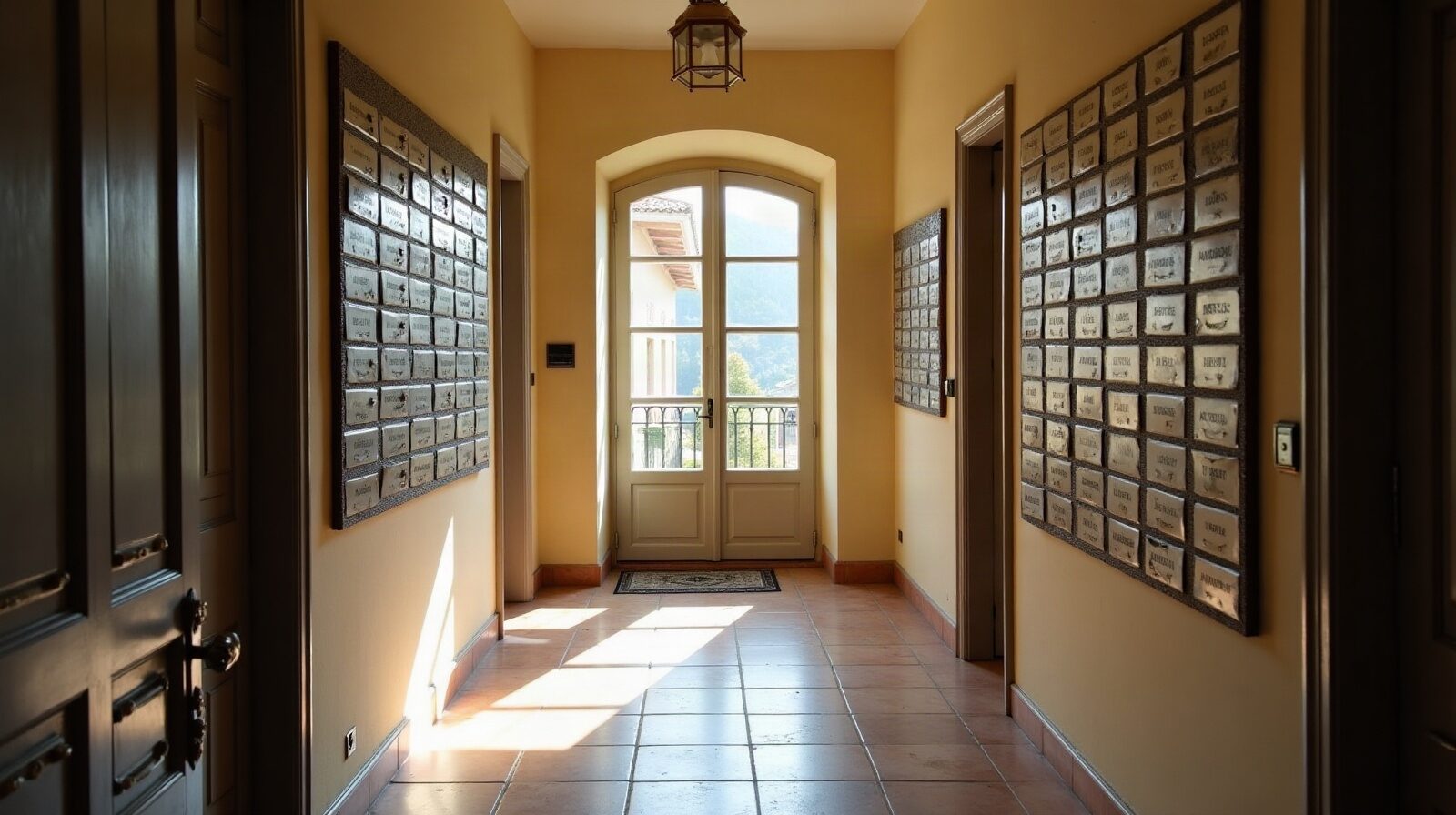 Rangée de boîtes aux lettres anonymes dans le hall d'un petit immeuble résidentiel