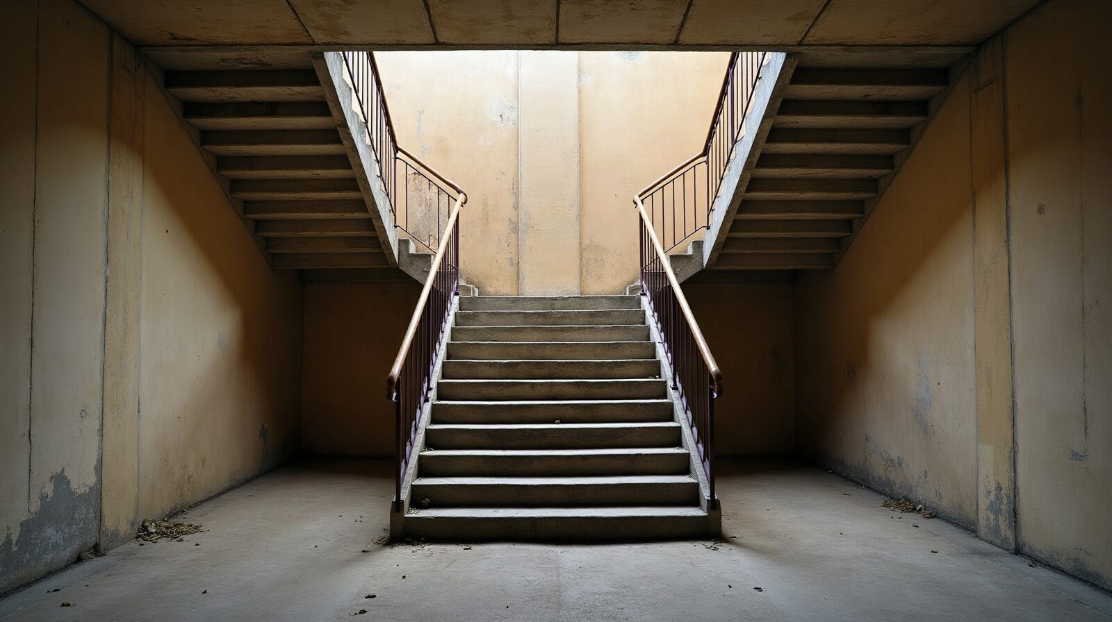 Cage d'escalier en béton peint avec rampe métallique et fenêtre haute