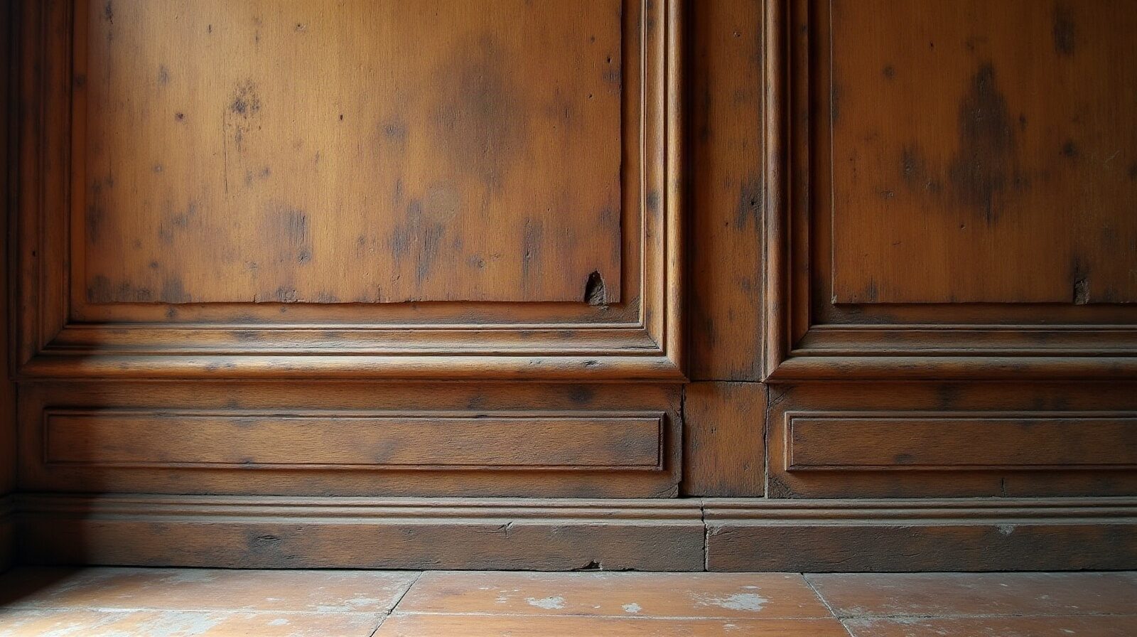 Plinthe et bas de mur en bois tropical gonflé par l'humidité