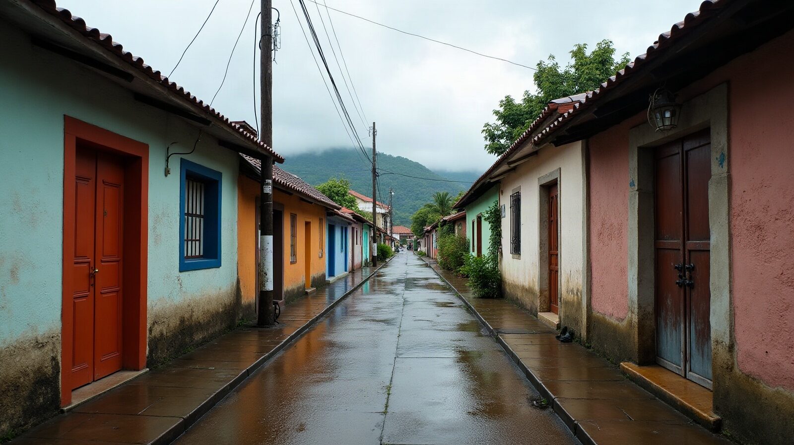 Rue inondée dans un quartier d'habitation, eau boueuse au pied des maisons